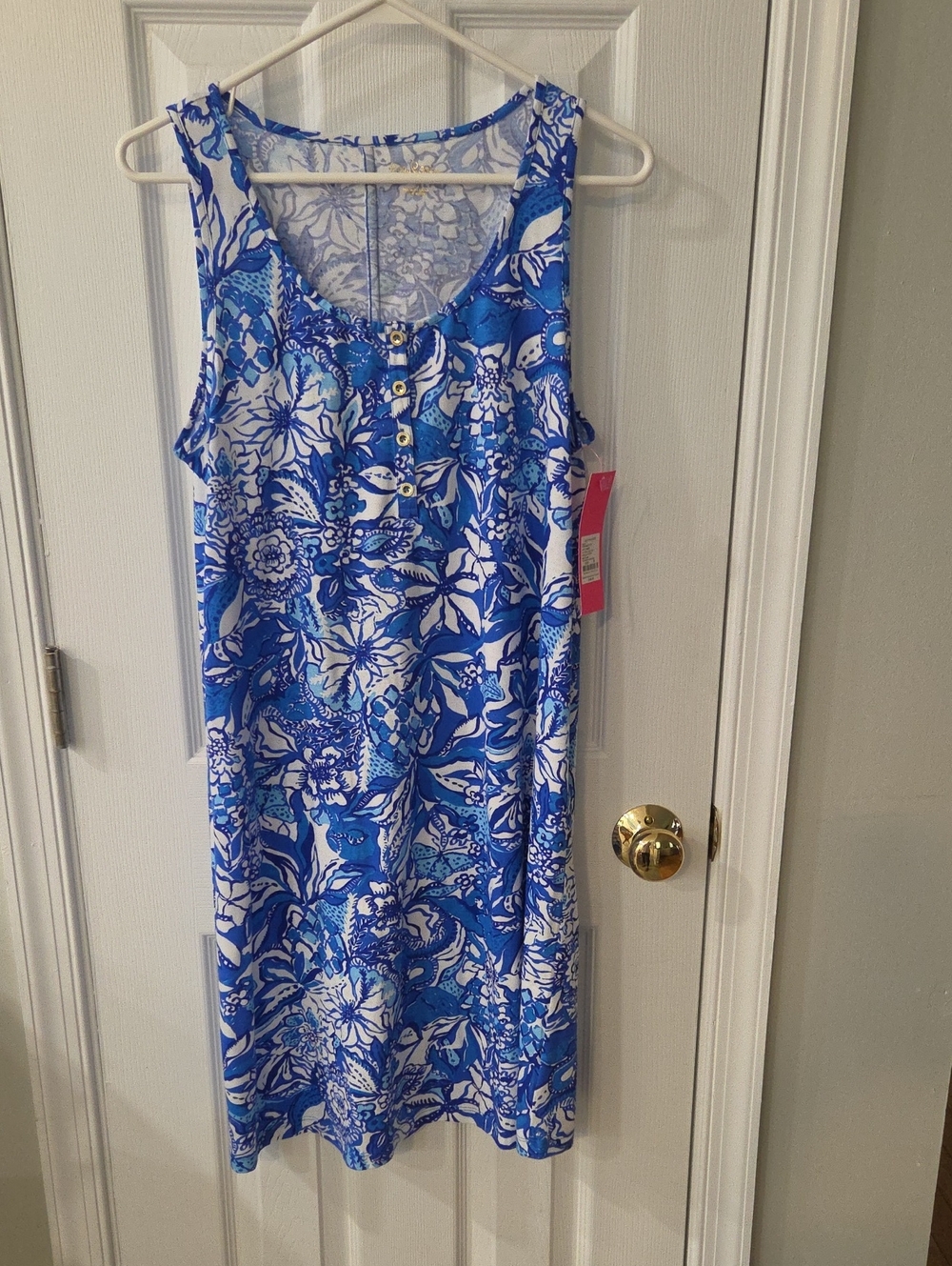 Lilly Pulitzer Blue & White Floral Henley Tank Dress NWT Size M